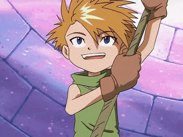 a young boy with blonde hair is holding a rope