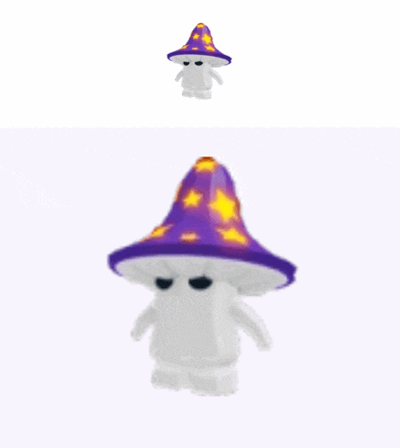 a white mushroom wearing a purple hat with yellow stars on it