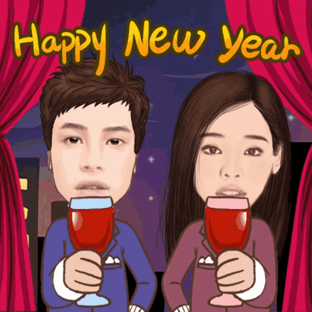 a cartoon of a man and a woman holding wine glasses with the words happy new year written above them