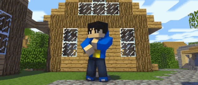 a minecraft character is standing in front of a house