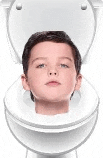 a young boy is sitting on a toilet with his head sticking out .