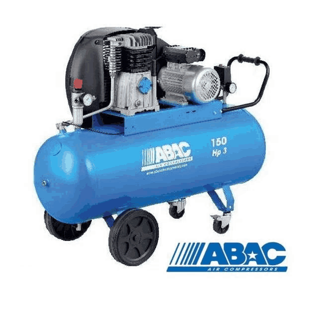 a blue air compressor with wheels and a black motor is on a white background .