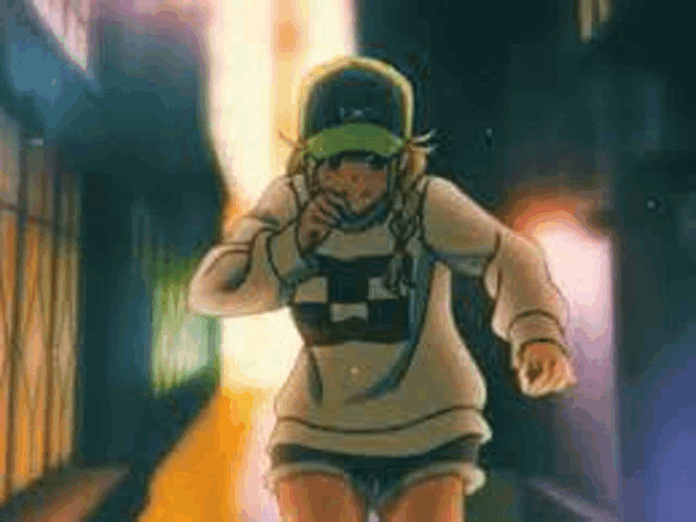 a girl wearing a hat and shorts is running down a dark alleyway .