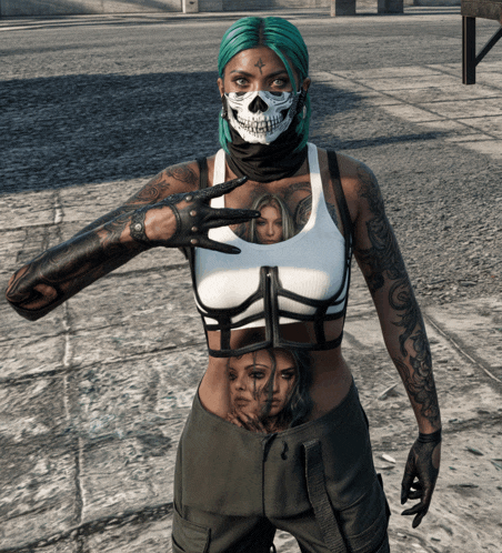 a woman wearing a skull mask and a tattoo on her stomach