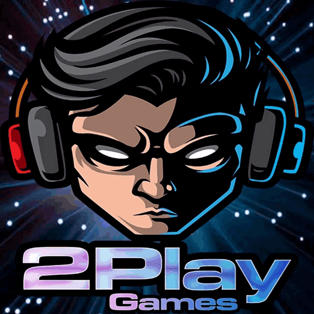 a logo for 2play games shows a man wearing headphones and a mask