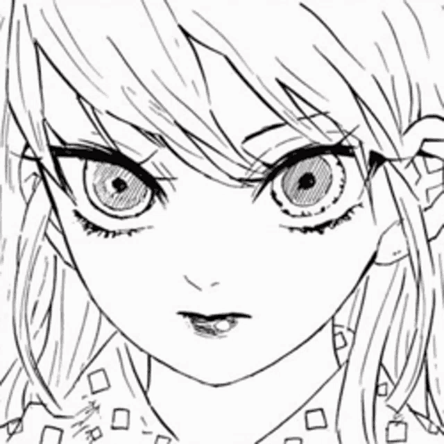 a black and white drawing of a girl 's face with a serious look on her face .