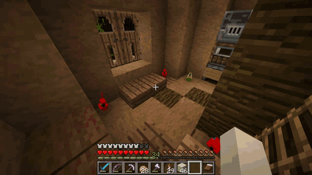 a screenshot of a minecraft game shows a room with a window and a treasure chest
