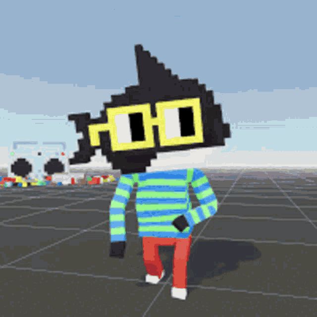 a cartoon character wearing a mask and sunglasses is walking