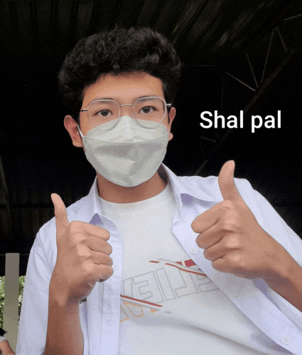 a young man wearing a mask and giving a thumbs up with the words shal pal written below him