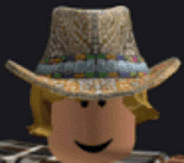 a roblox character wearing a cowboy hat with a smile on his face .