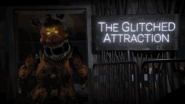 a sign that says the glitched attraction is lit up in the dark