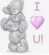 a couple of teddy bears hugging each other with the words `` i love u '' written above them .