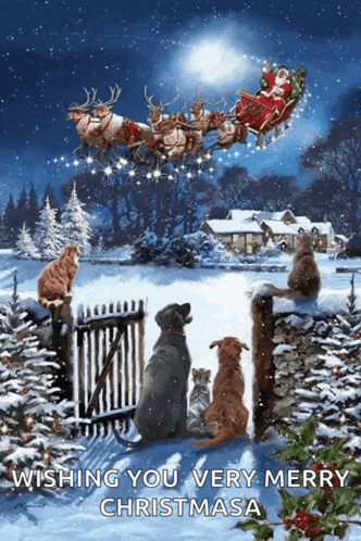 a christmas card with dogs and cats looking at santa