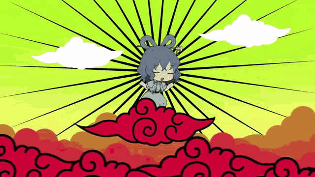 a cartoon of a girl on a cloud with a yellow background