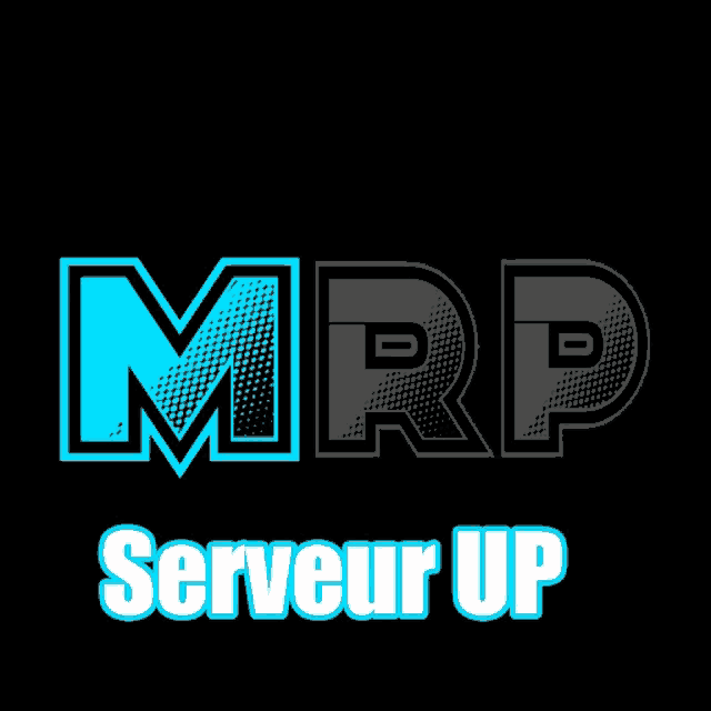 a logo that says mrp serveur up in blue on a black background