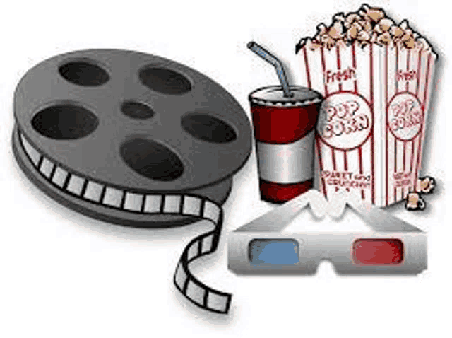 a movie reel , popcorn , a drink , and 3d glasses are shown .