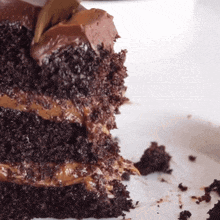a slice of chocolate cake on a white plate with a bite taken out of it