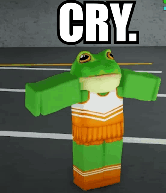 a frog in a cheerleader outfit is standing in front of the word cry