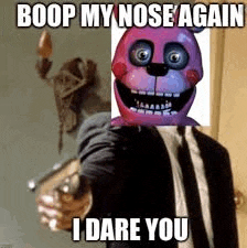 a man in a suit and tie is pointing a gun at a pink teddy bear mask .