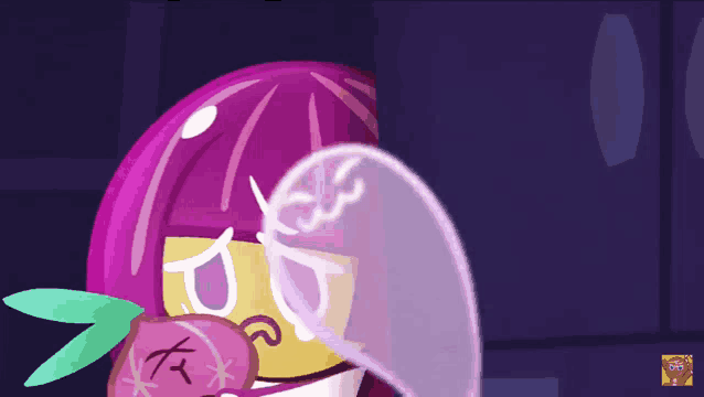 a cartoon character with purple hair is holding a bubble in her mouth