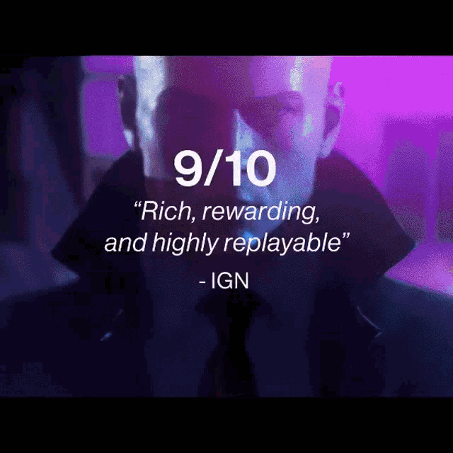 a man in a suit and tie with the words " rich rewarding and highly replayable " on the bottom