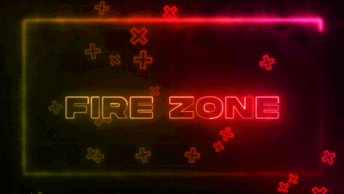 a neon sign that says fire zone is surrounded by red and yellow crosses