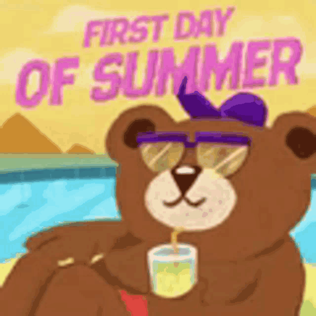 a teddy bear wearing sunglasses and a hat is holding a glass of orange juice .