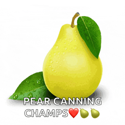 a yellow pear with green leaves and the words " pear canning champs "