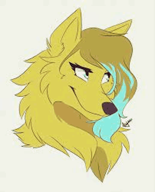 a drawing of a yellow wolf with blue hair and a tongue sticking out .