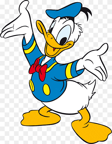 donald duck is wearing a blue hat and a bow tie