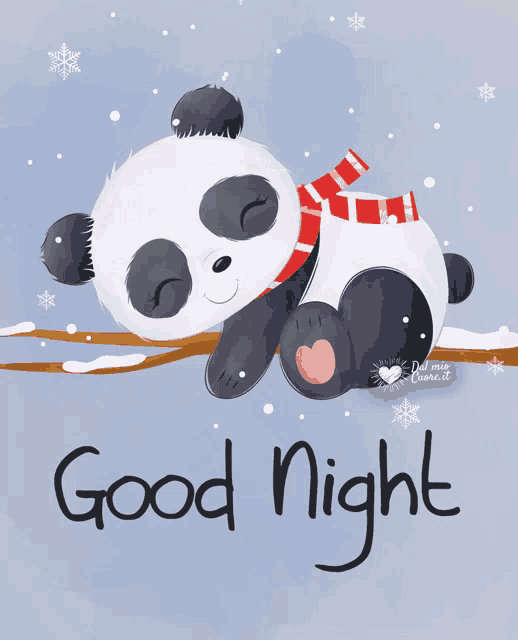 a panda bear with a scarf around its neck is sleeping on a branch with the words good night below it