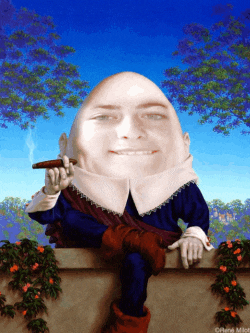 a painting of a man shaped like an egg smoking a cigar and smiling