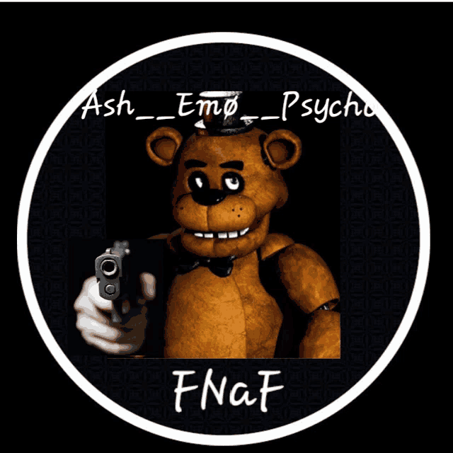 a person is pointing a gun at a teddy bear with the word fnaf on the bottom