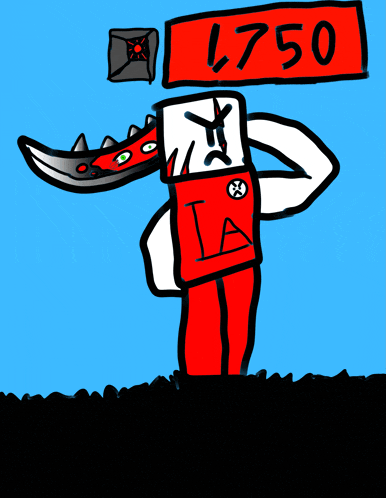 a cartoon character with a sword and a sign that says l750 on it