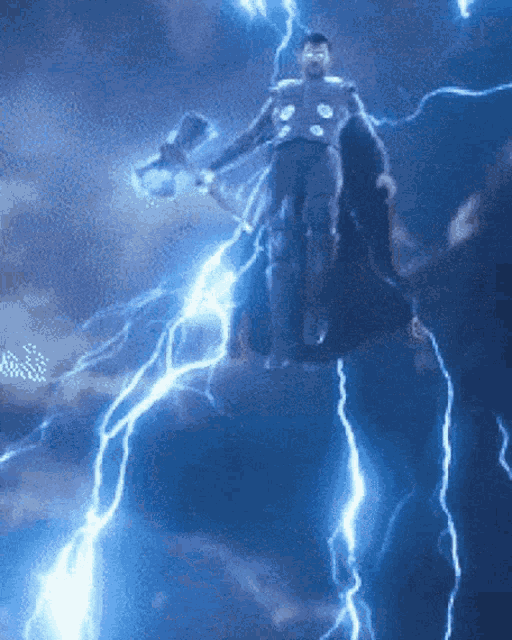 a man holding a hammer is surrounded by lightning strikes