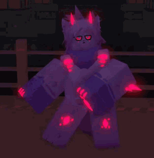 a purple cat with horns is standing in a dark room with pink lights on its arms .