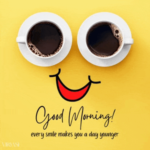 two cups of coffee with a smiling face and the words good morning