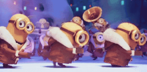 a group of minions wearing goggles and fur coats are dancing .