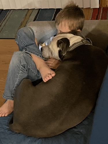 a young boy laying on a couch with a large dog