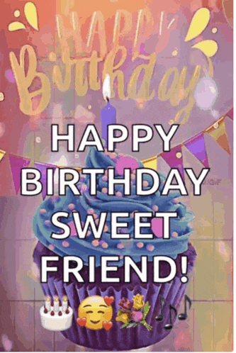 a happy birthday sweet friend greeting card with a purple cupcake