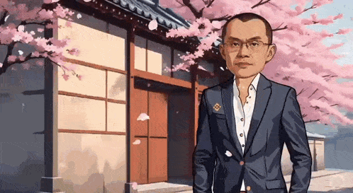 a cartoon of a man in a suit and glasses standing in front of a building with cherry blossoms .