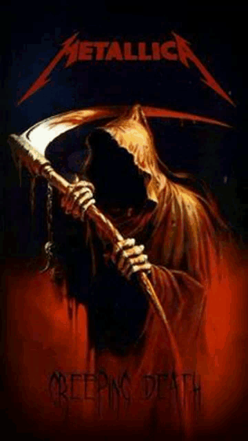 a grim reaper holding a scythe is on the cover of metallica 's creeping death