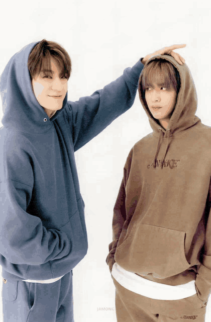 a boy in a blue hoodie is standing next to a boy in a brown hoodie