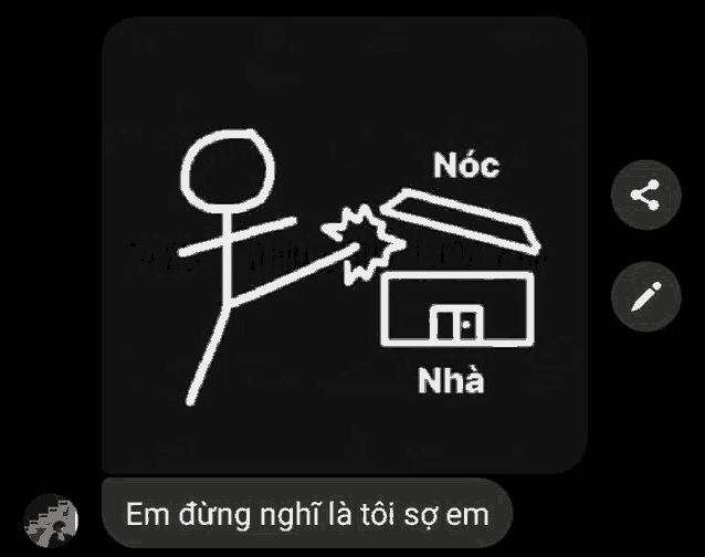 a drawing of a stick figure and a house with the words noc nha written below it