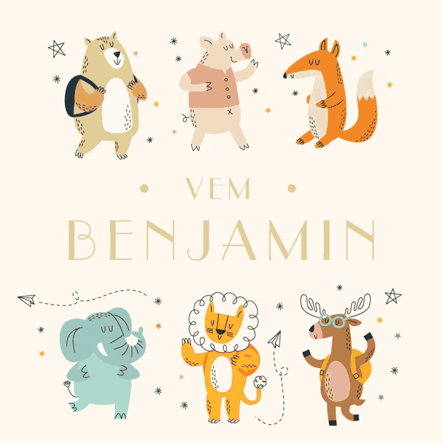 the name benjamin is on a white background with animals