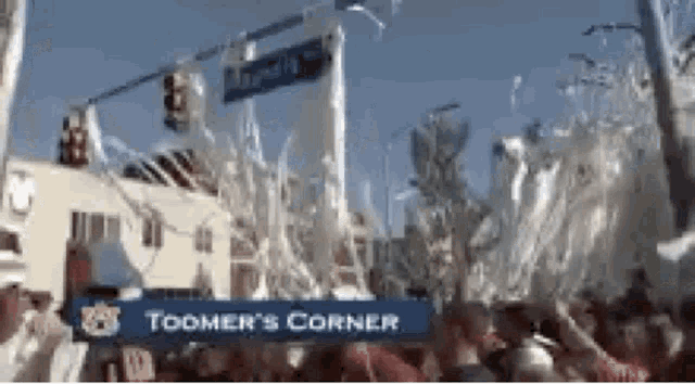 a crowd of people gathered in front of a sign that says toomer 's corner .