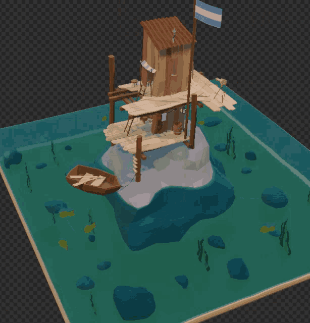 a 3d model of a house on a small island with a boat in the water