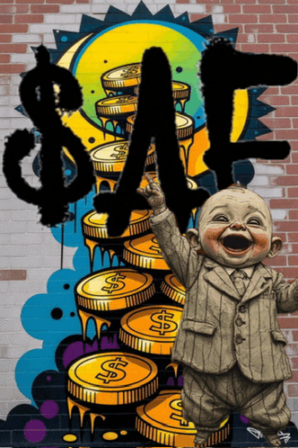 a baby in a suit is standing in front of a wall with a dollar sign and stacks of coins