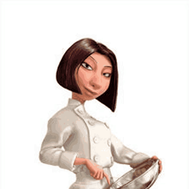 a cartoon woman in a chef 's coat is holding a metal bowl .