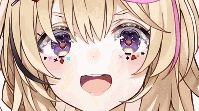 a close up of a girl 's face with purple eyes and hearts on her face